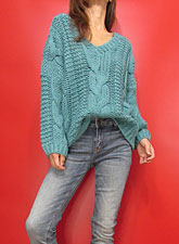 Knit220 Drop Shoulder V-Neck Cable Sweater/Sea Blue