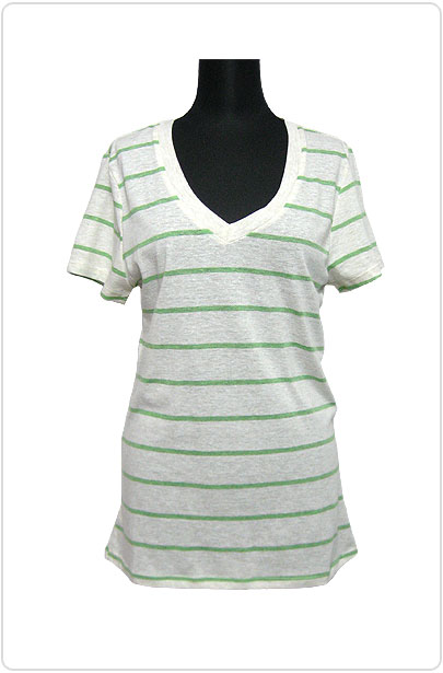 Tops307 Striped V-Neck S/S T-Shirt/Green