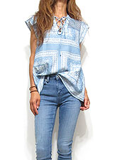 Tops656 Embroidery Print Cap Sleeve Blouse/Blue