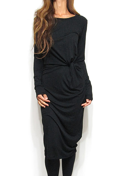 Dress116 Ruched Waist Comfy Midi Dress/Black