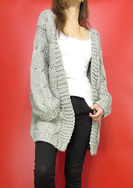 Knit221 Bulky Cable Open Cardigan/Grey