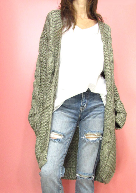 Knit226 Long Cable Open Cardigan/Olive Grey