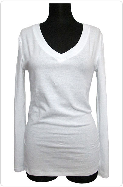 Tops533 Basic V-Neck L/S T-Shirt/White