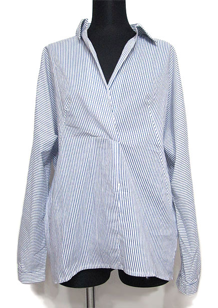 Tops592 Overlap Neckline Stripe Shirt/White & Blue