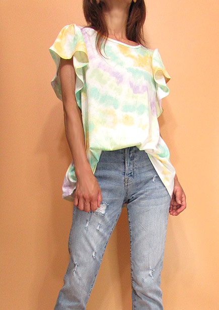 Tops791 Tie Dye Frilly Cap Sleeve Top/Yellow Mix