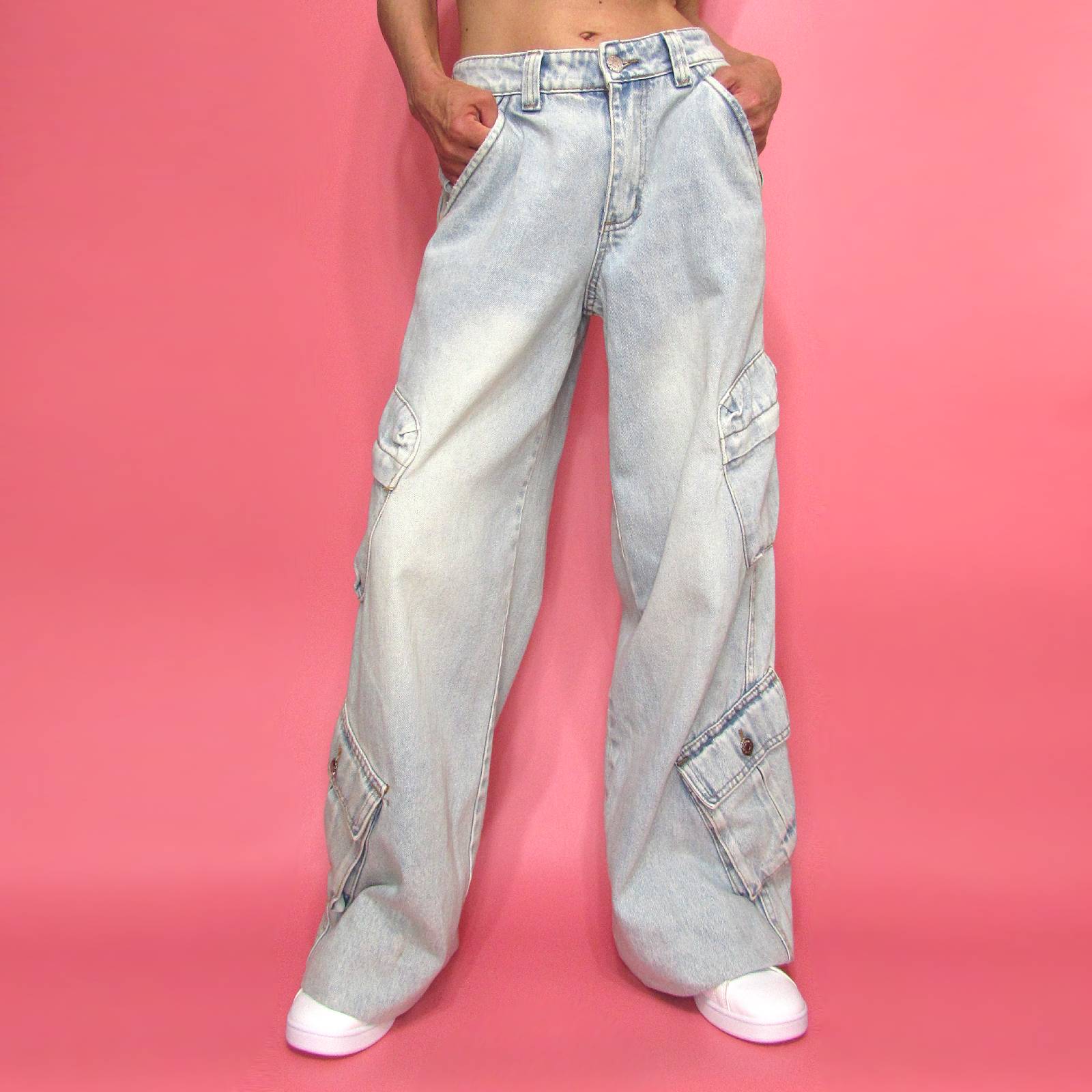 Denim082 Khaki & Blue Wide Leg Cargo Jeans/Light Wash