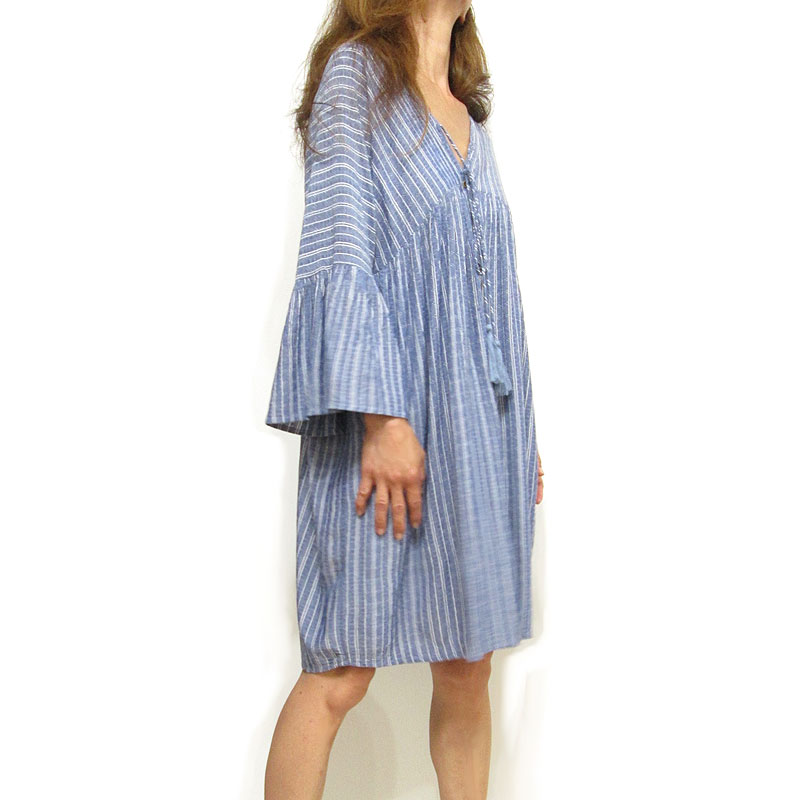 Dress148 Bell-Sleeve Tassle Button Down Dress/Blue