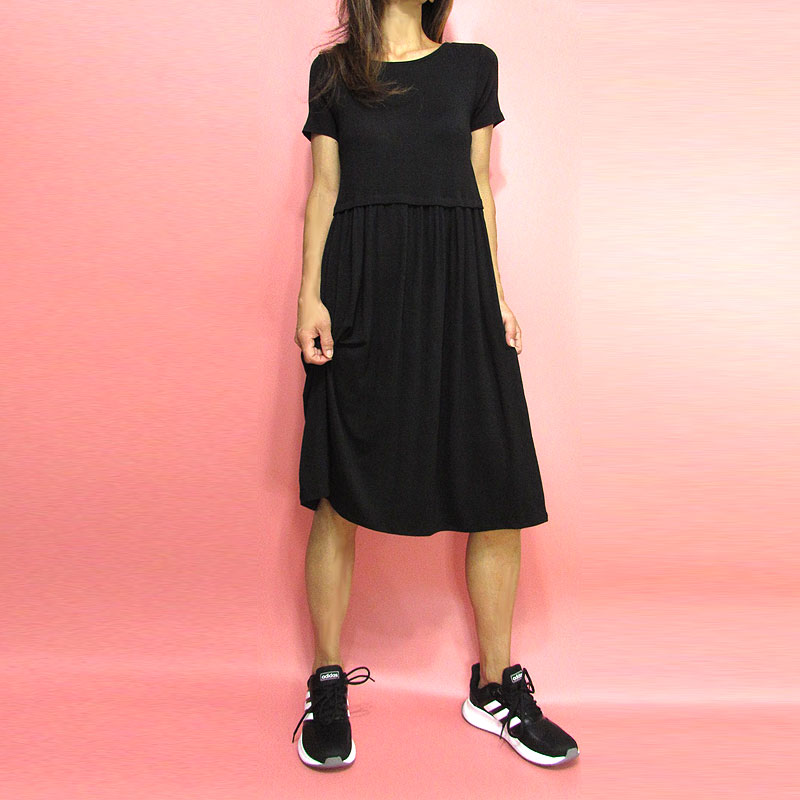 Dress152 Simple Knee-Length Gathered Dress/Black