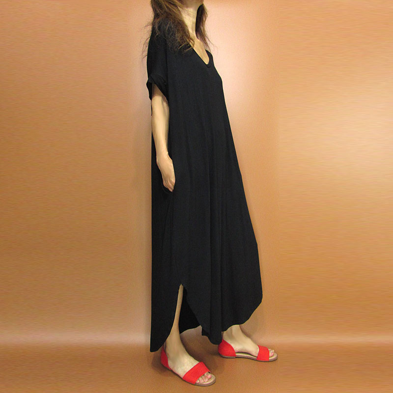 Dress162 Stretchy Jersey Side Slit Dress/Black