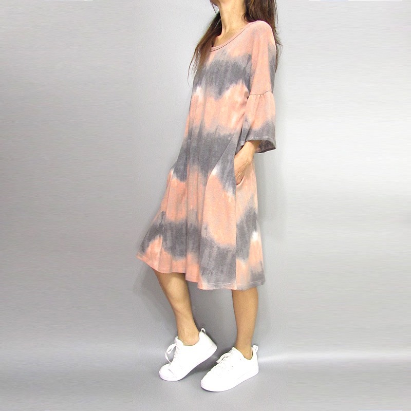 Dress165 Tie-Dye Flounce Sleeve Flare Dress/Peach Mix