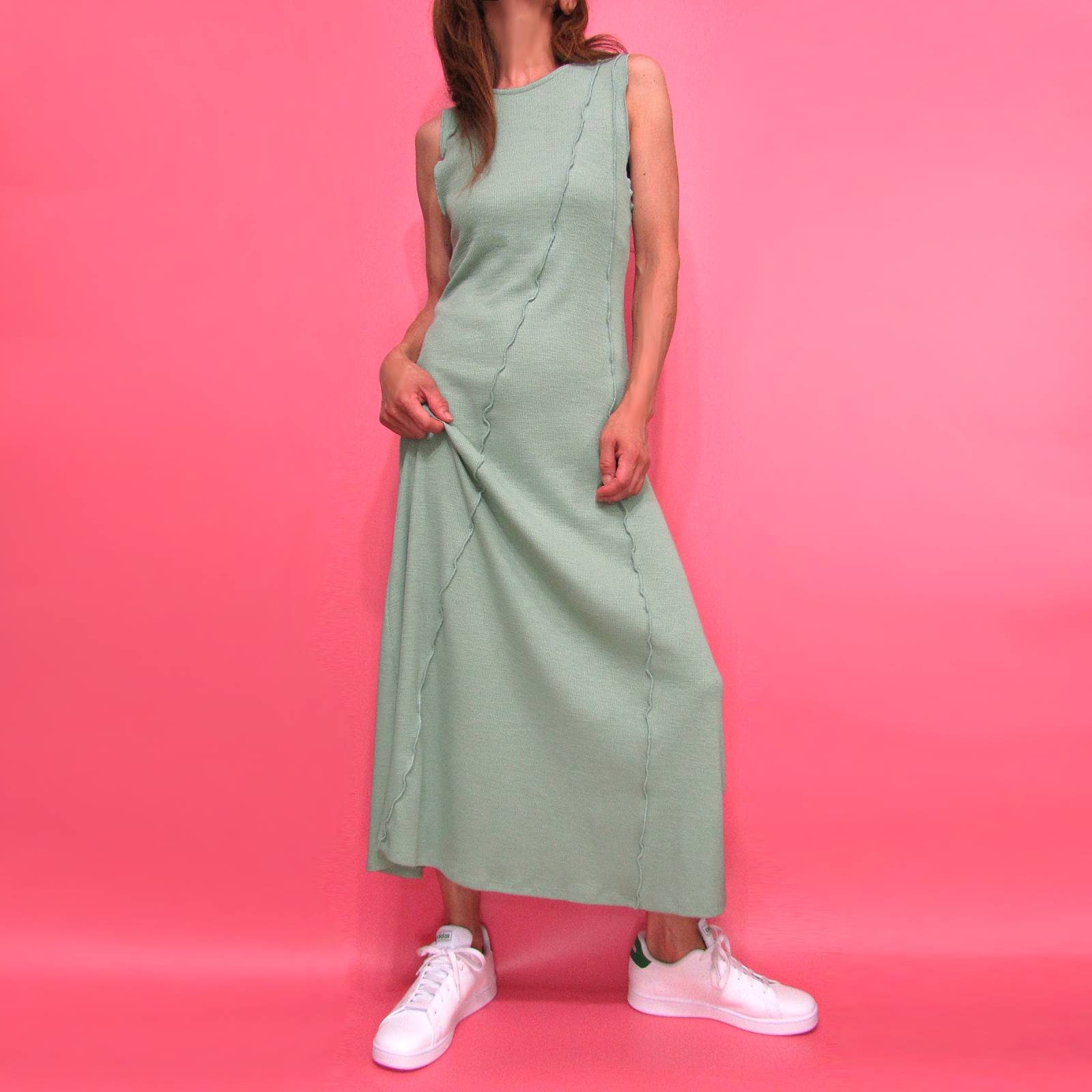 Dress177 Sleeveless Exposed Seam Rib Knit Ankle Dress/Sage