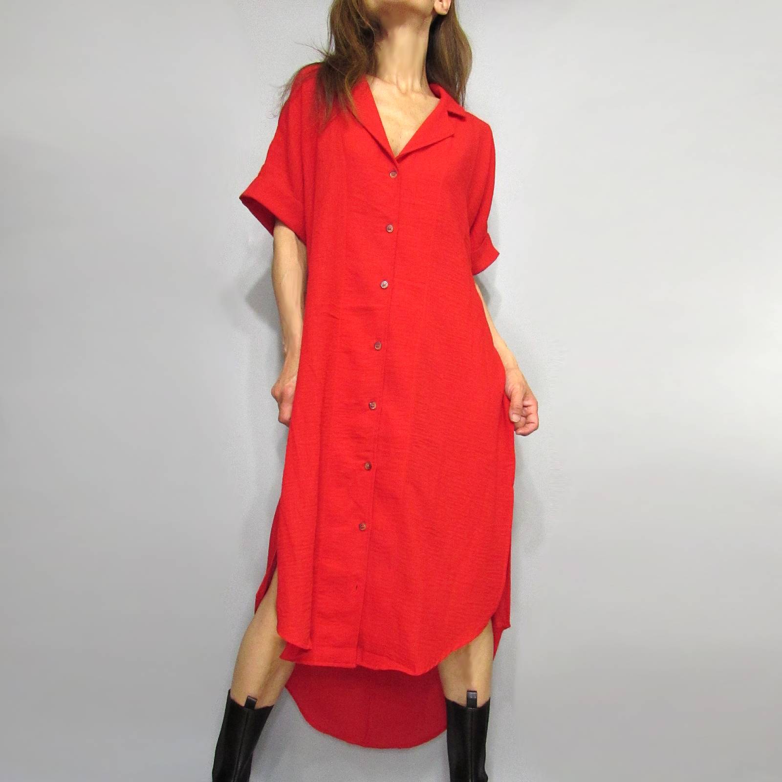 Dress180 Casual Buttoned Long Shirt Dress/Red