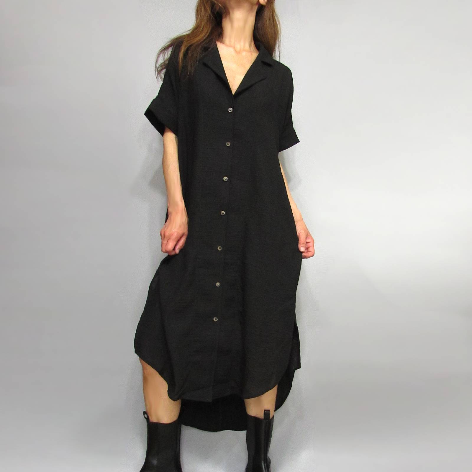 Dress181 Casual Buttoned Long Shirt Dress/Black