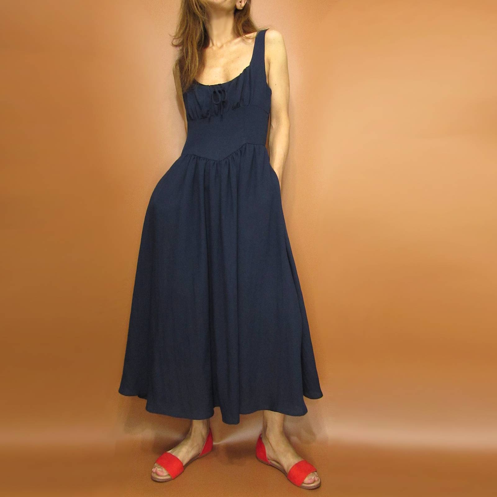 Dress182 Square Neck Corset Detail Midi Dress/Navy