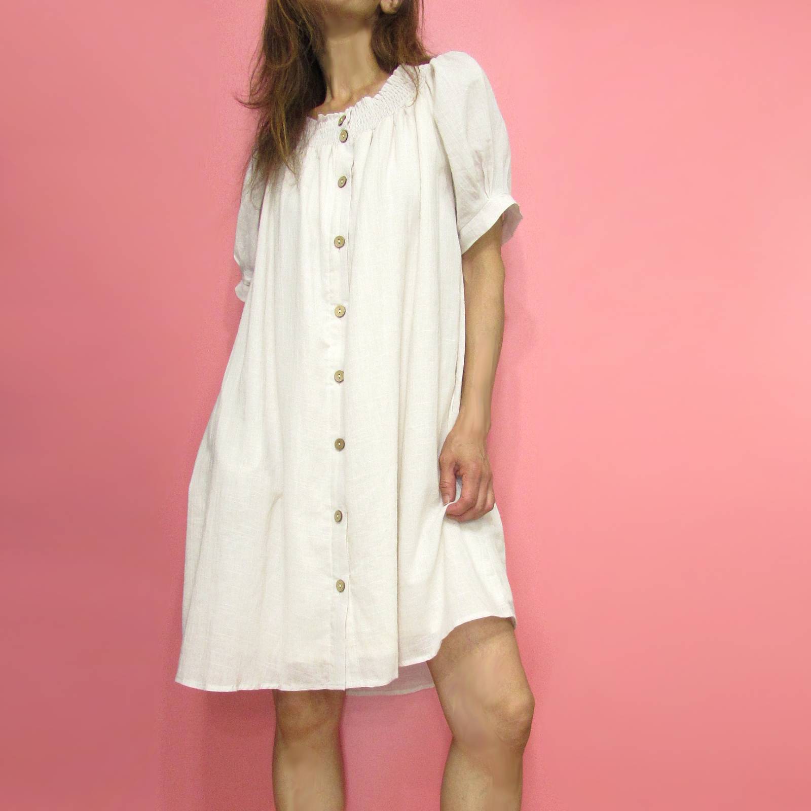 Dress183 Smock Neck Button Down Puff Sleeve Mini Dress/Natural
