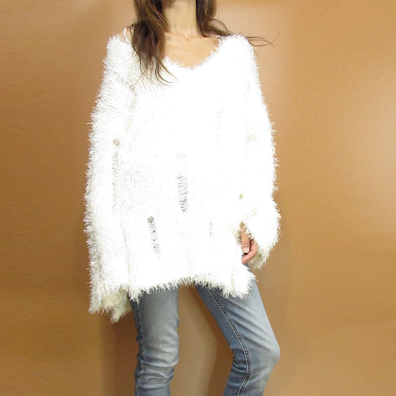 Knit217 Side-Slit Damaged Fuzzy Sweater/Ivory