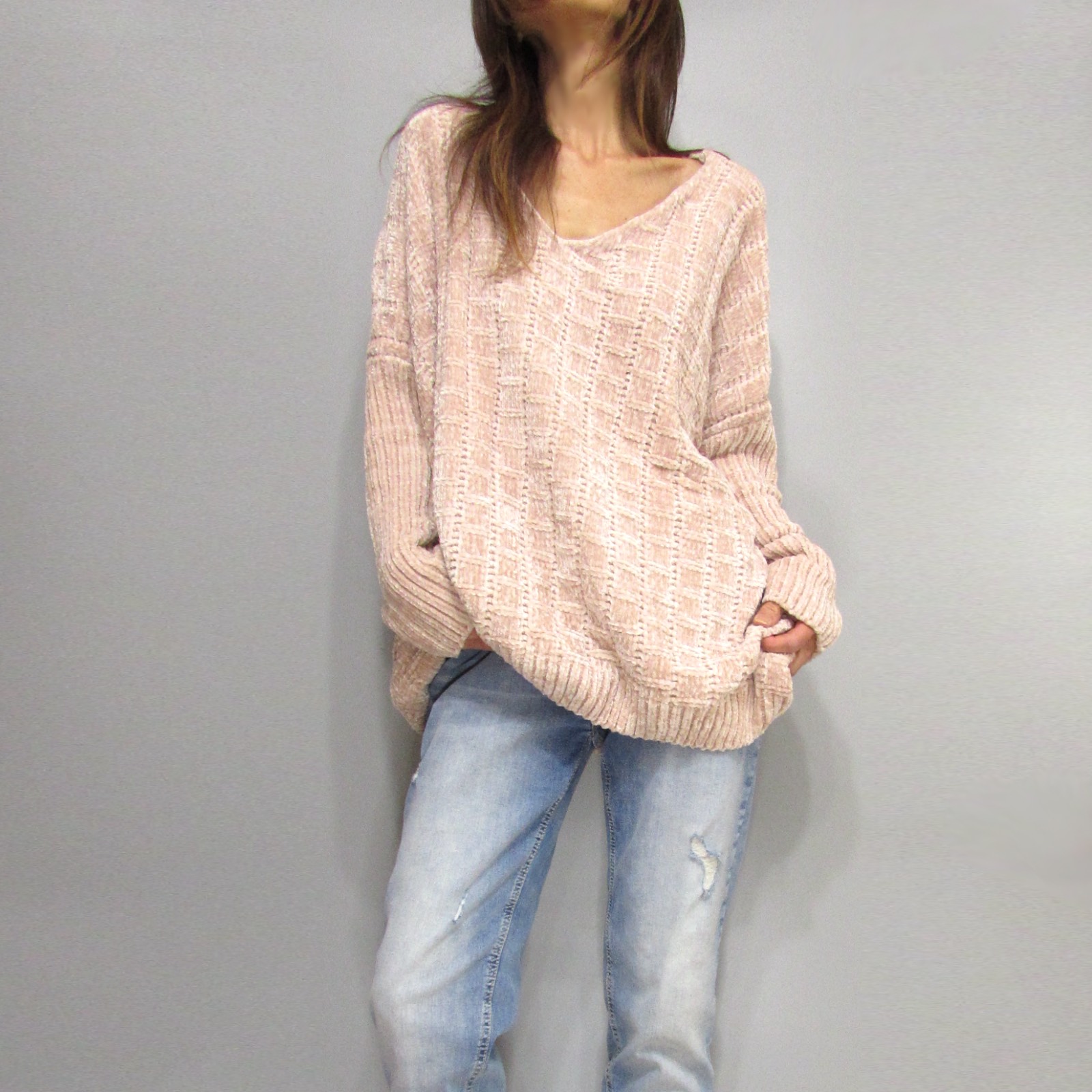 Knit252 Soft Chenille Oversized Sweater/Rose Beige