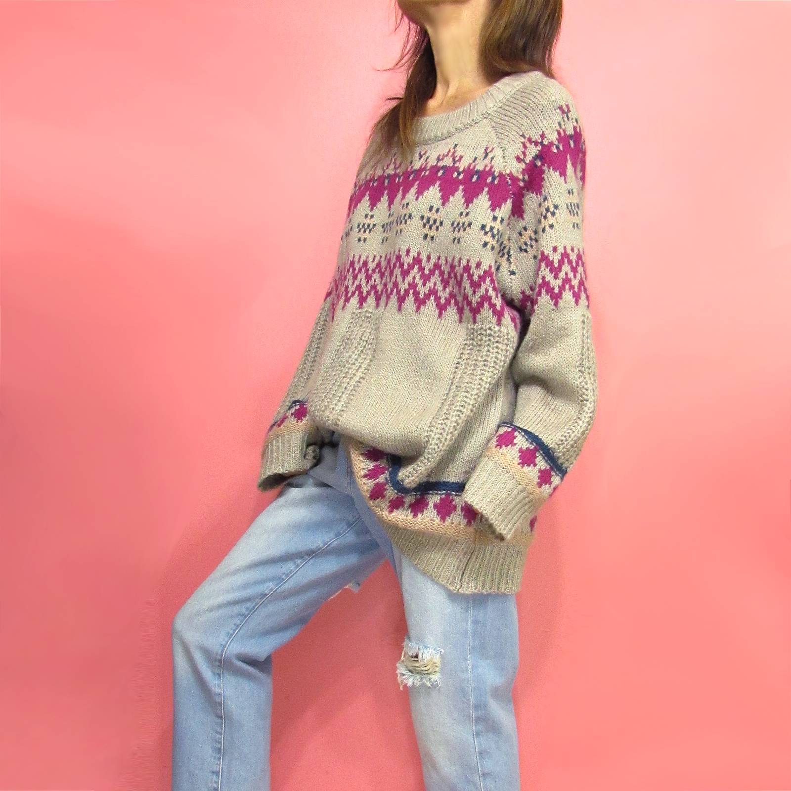 Knit256 Fair Isle Boyfriend Sweater/Slate Grey