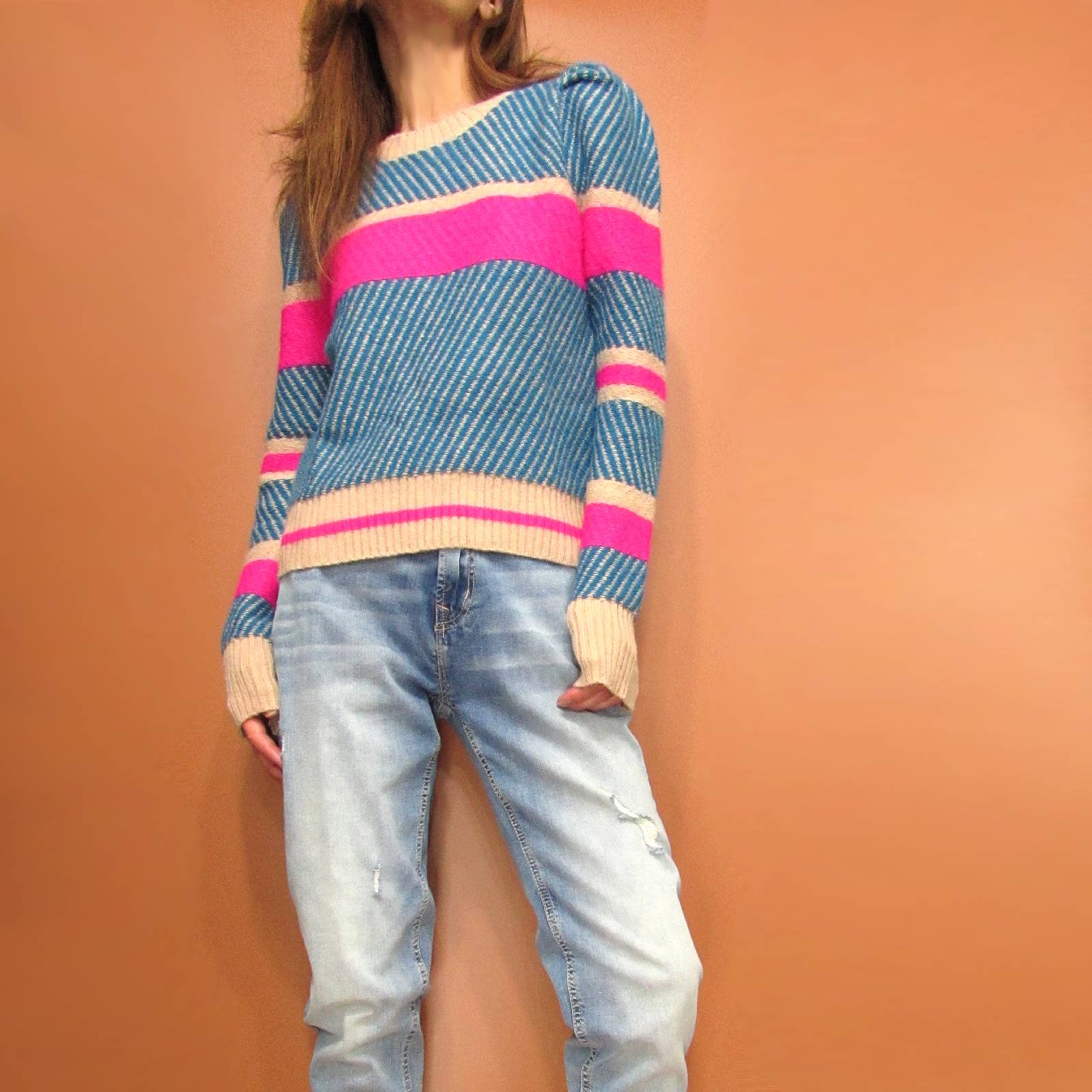 Knit260 Puff Sleeve Stripe & Border Sweater/Multi