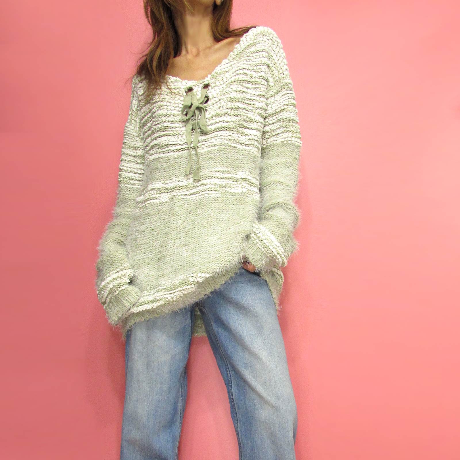 Knit267 Mixed Stitch Front Tie Fuzzy Tunic Sweater/Light Green