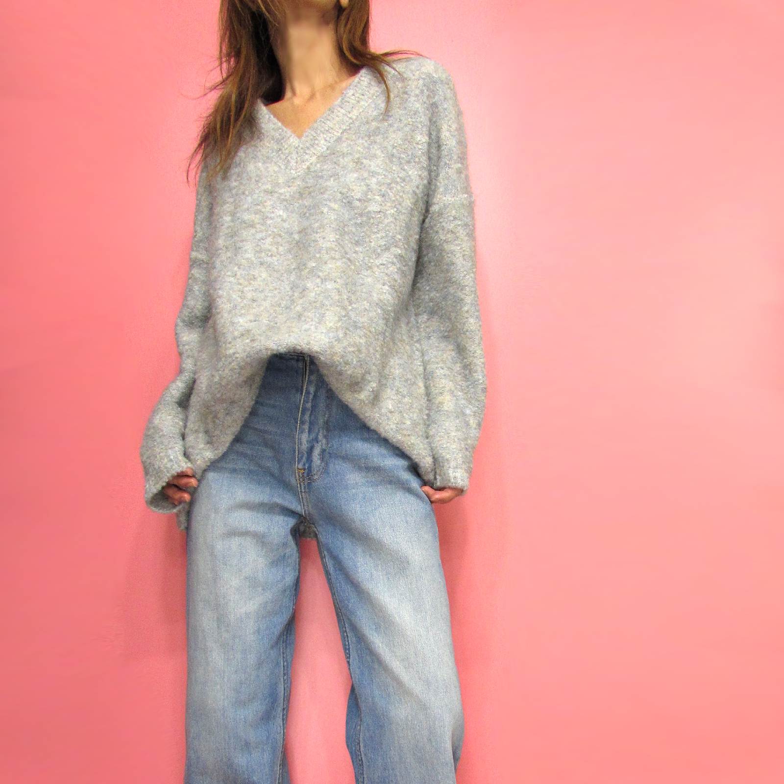 Knit269 Oversized Bulky V-Neck Sweater/Blue Grey