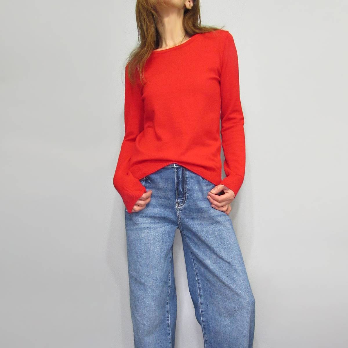 Knit285 Long Sleeve Crew Neck Basic Knit Top/Red
