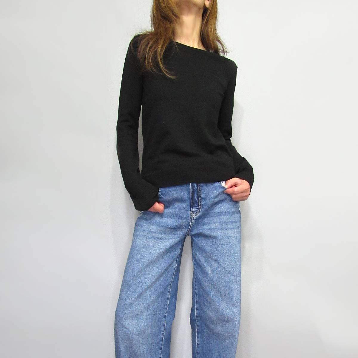 Knit286 Long Sleeve Crew Neck Basic Knit Top/Black