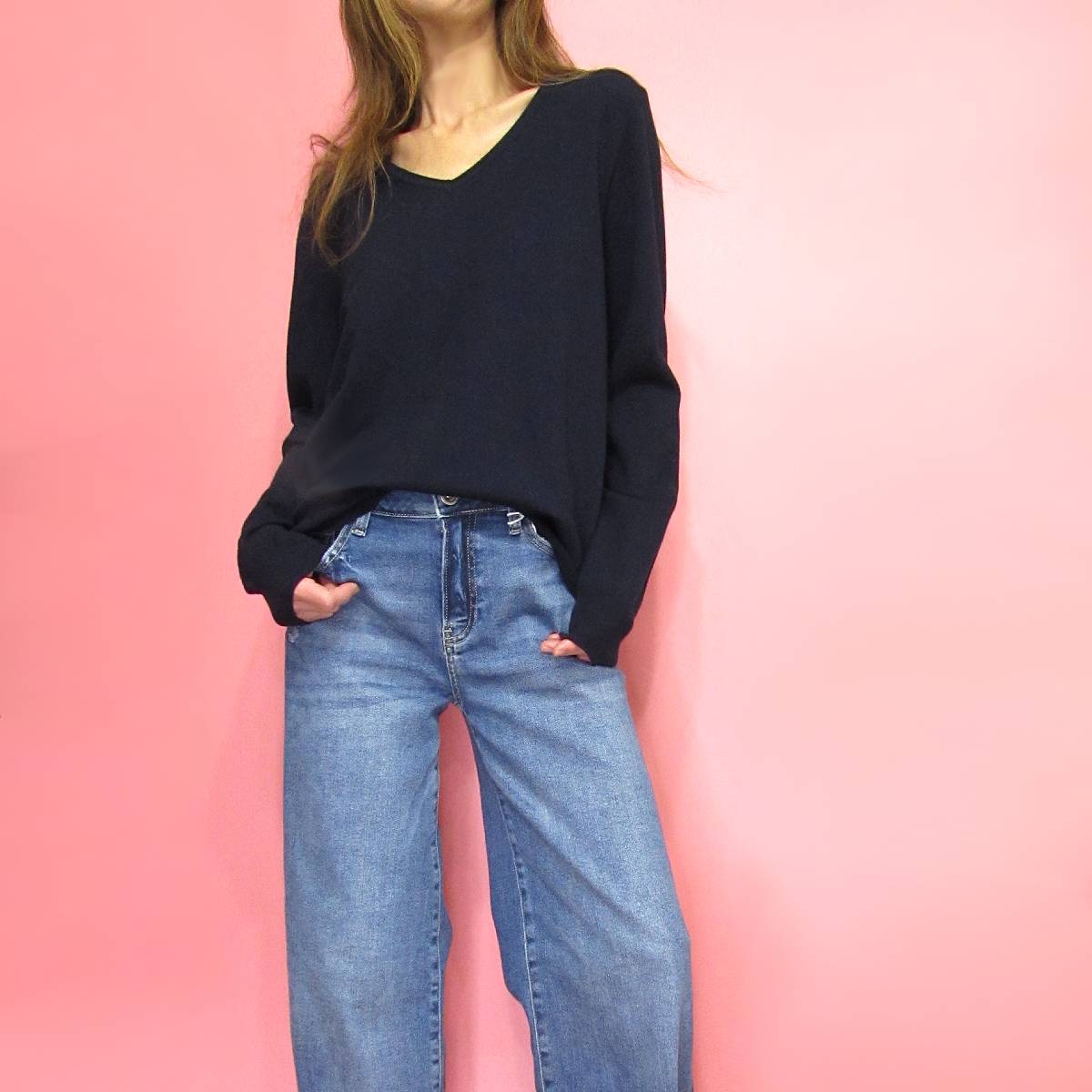 Knit287 Long Sleeve V-Neck Basic Sweater/Ink Navy