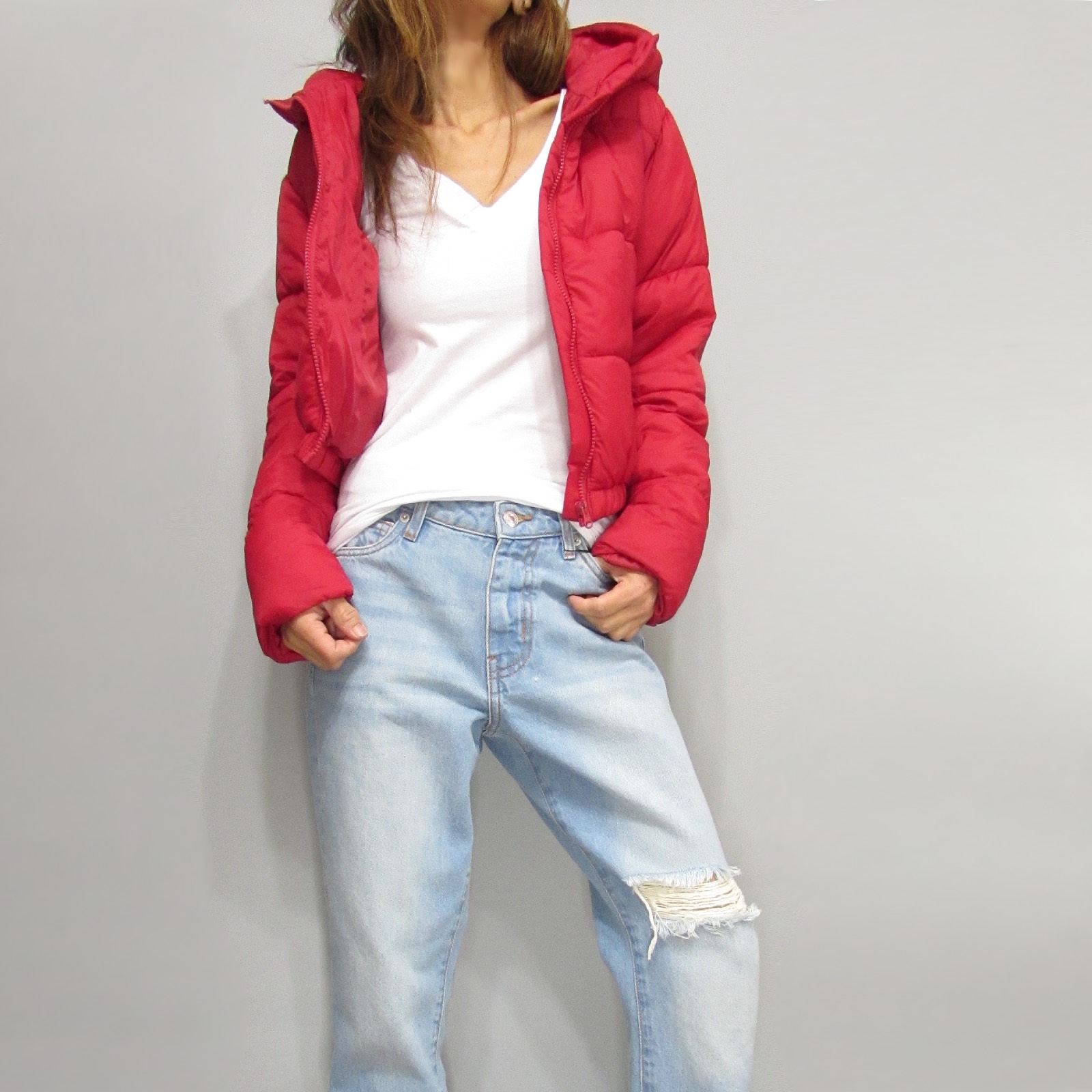 Outer101 Short Length Hoodie Puffer Jacket/Red