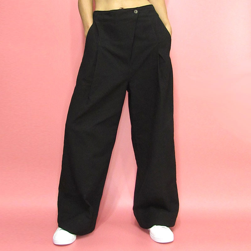 Pants258 Assymetric Waist Tucked Wide Pants/Black