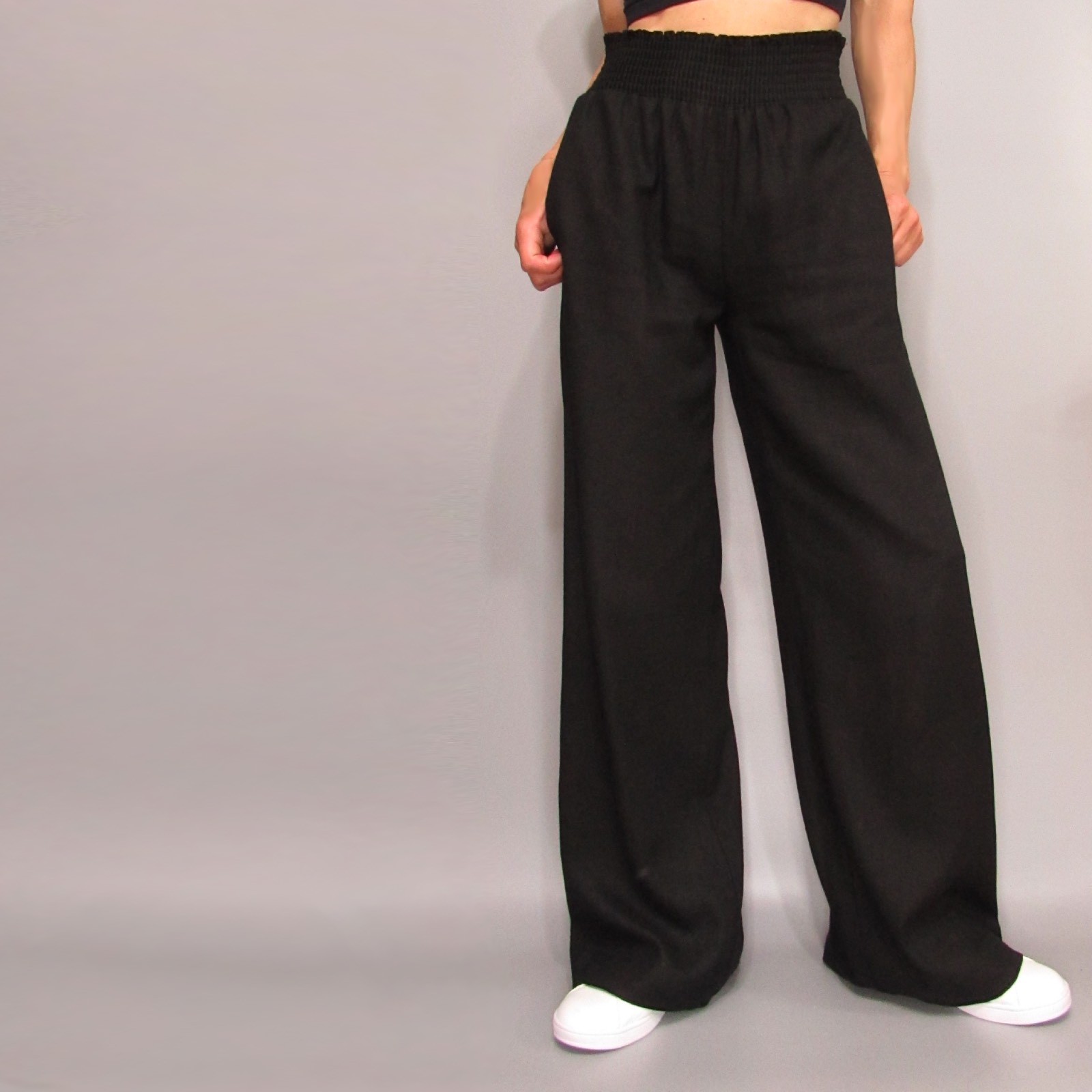 Pants269 Linen Smocked Waist Wide Pants/Black