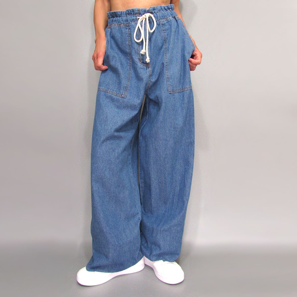 Pants296 Patch Pocket Wide Leg Denim Pants/Denim