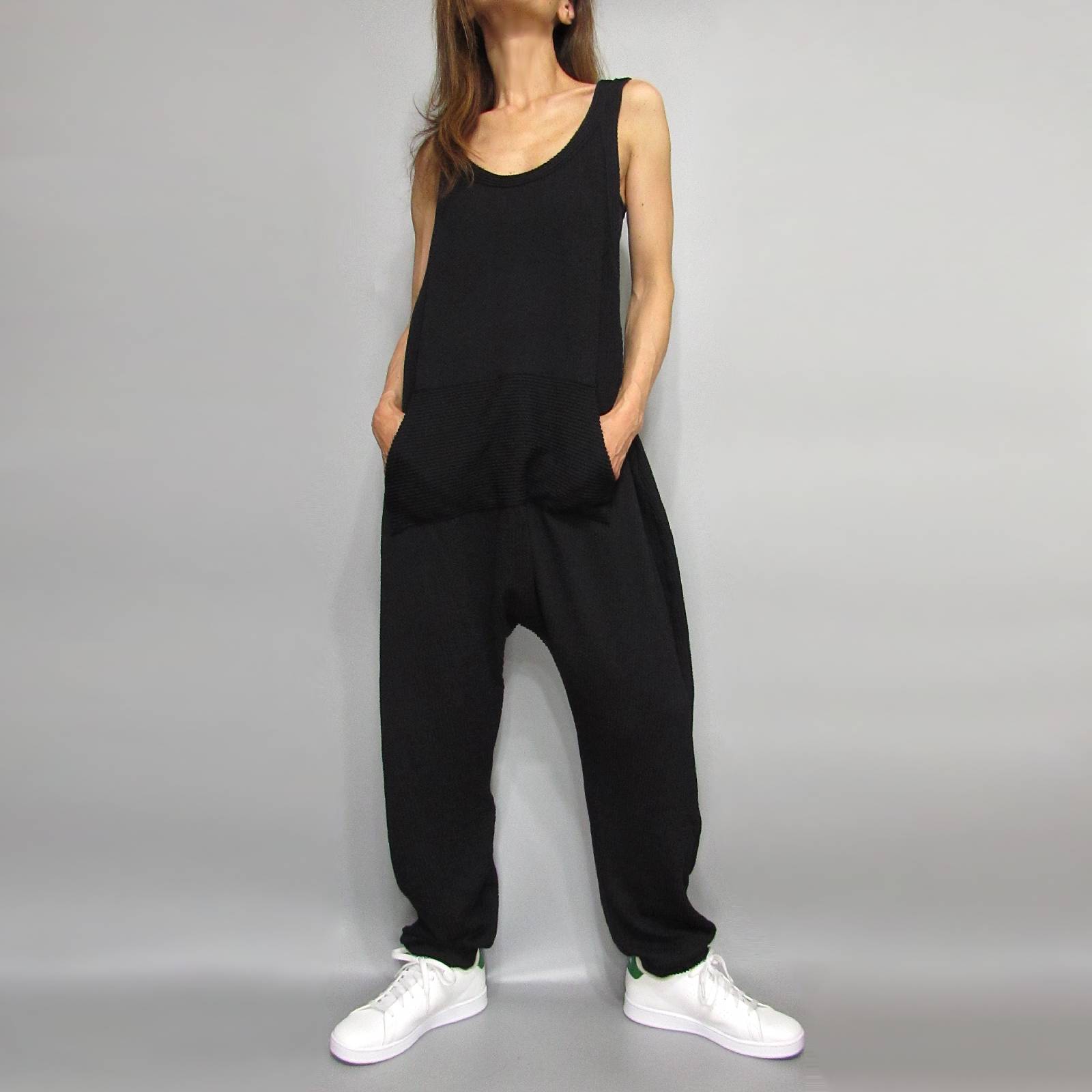 Rompers002 Textured Kangaroo Pocket Harem Knit Rompers/Black