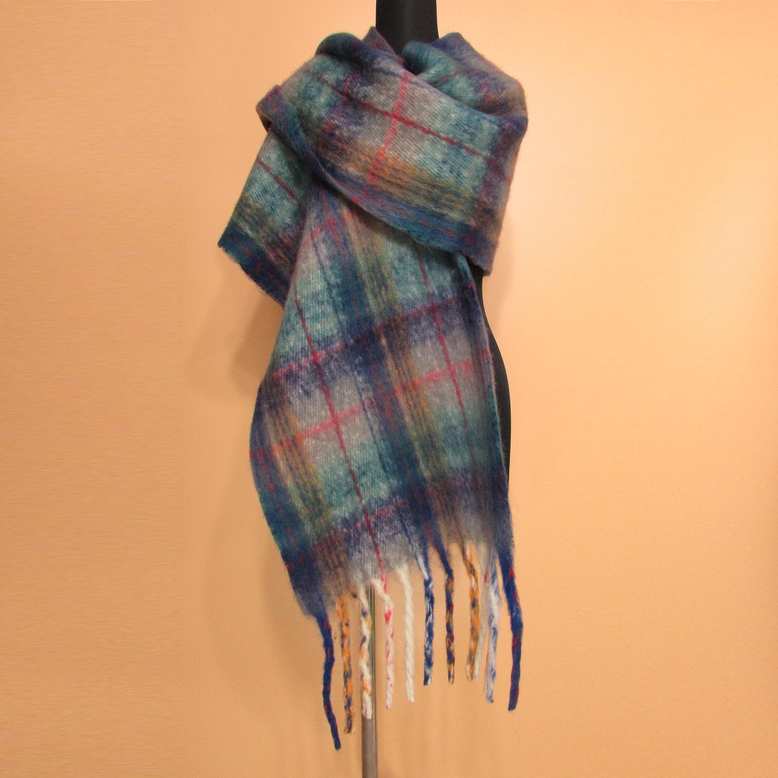 Scarf157 Plaid Oblong Long Fringed Stole/Green Mix