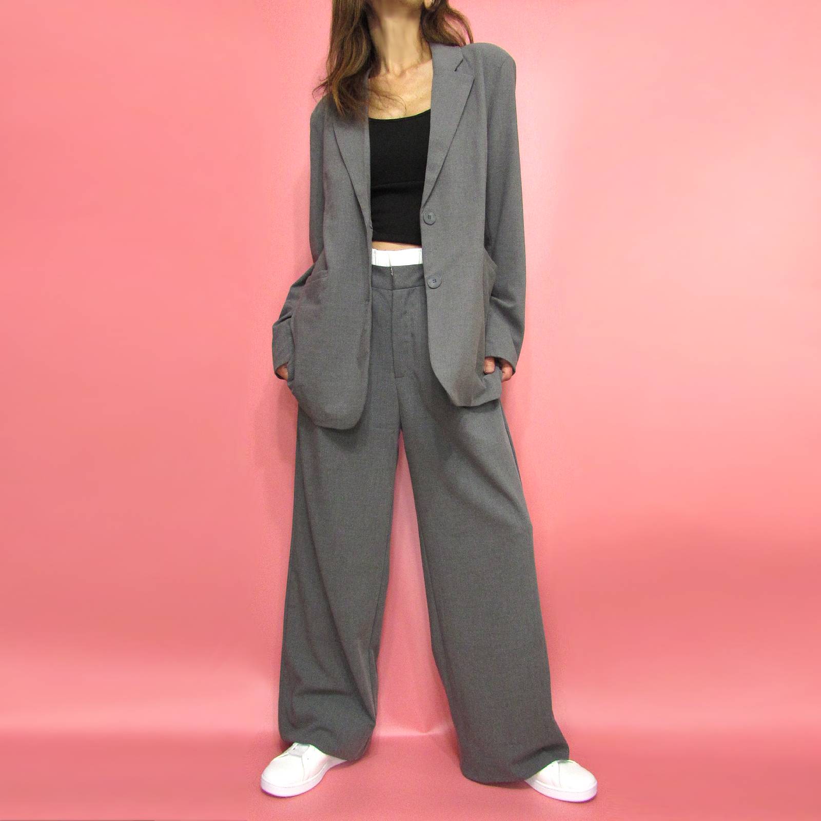 Setup002 Notched Collar 2 Button Blazer & Boxer Waist Combo Straight Pants Suit/Heather Charcoal