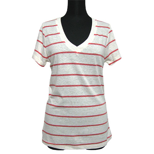 Tops308 Striped V-Neck S/S T-Shirt/Red