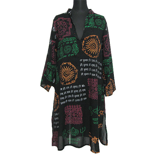 Tops370 Tunic Dress w/ Ethnic Print/Black