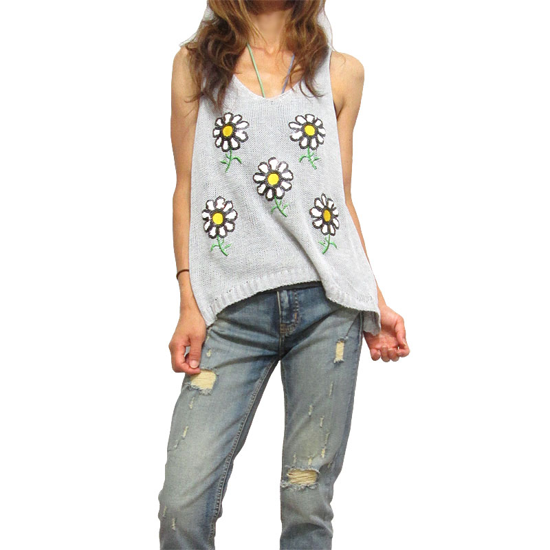 Tops561 Flower Sequin Knitted Tank Top/Grey