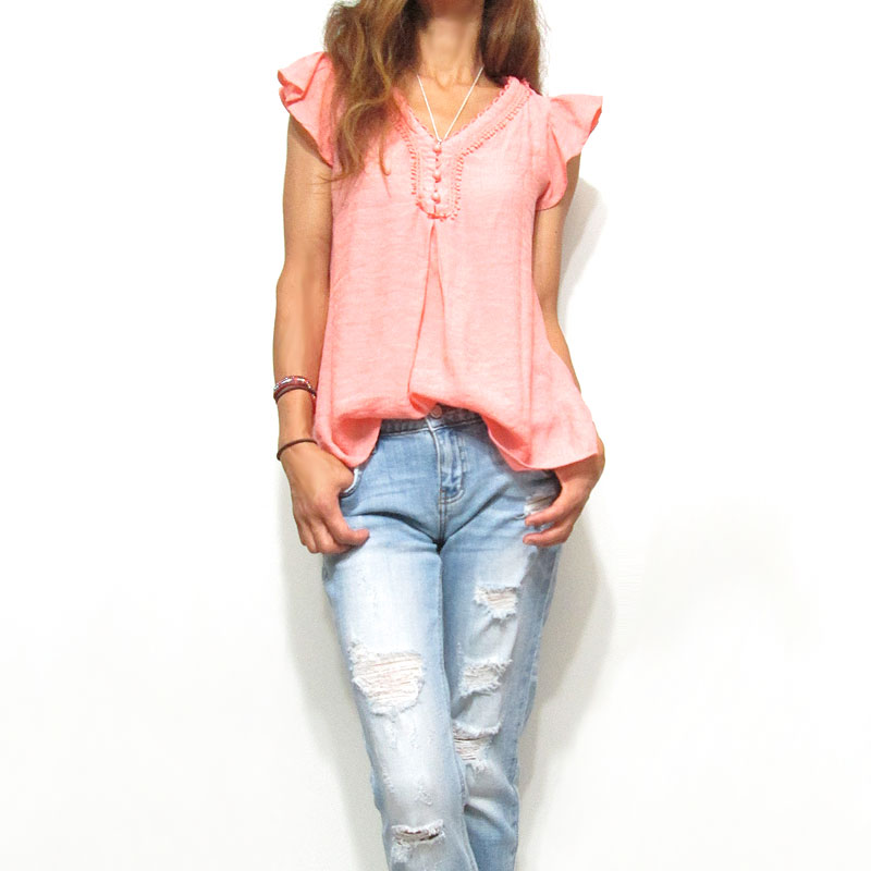 Tops712 Frill Sleeve V-Cut Blouse/Coral