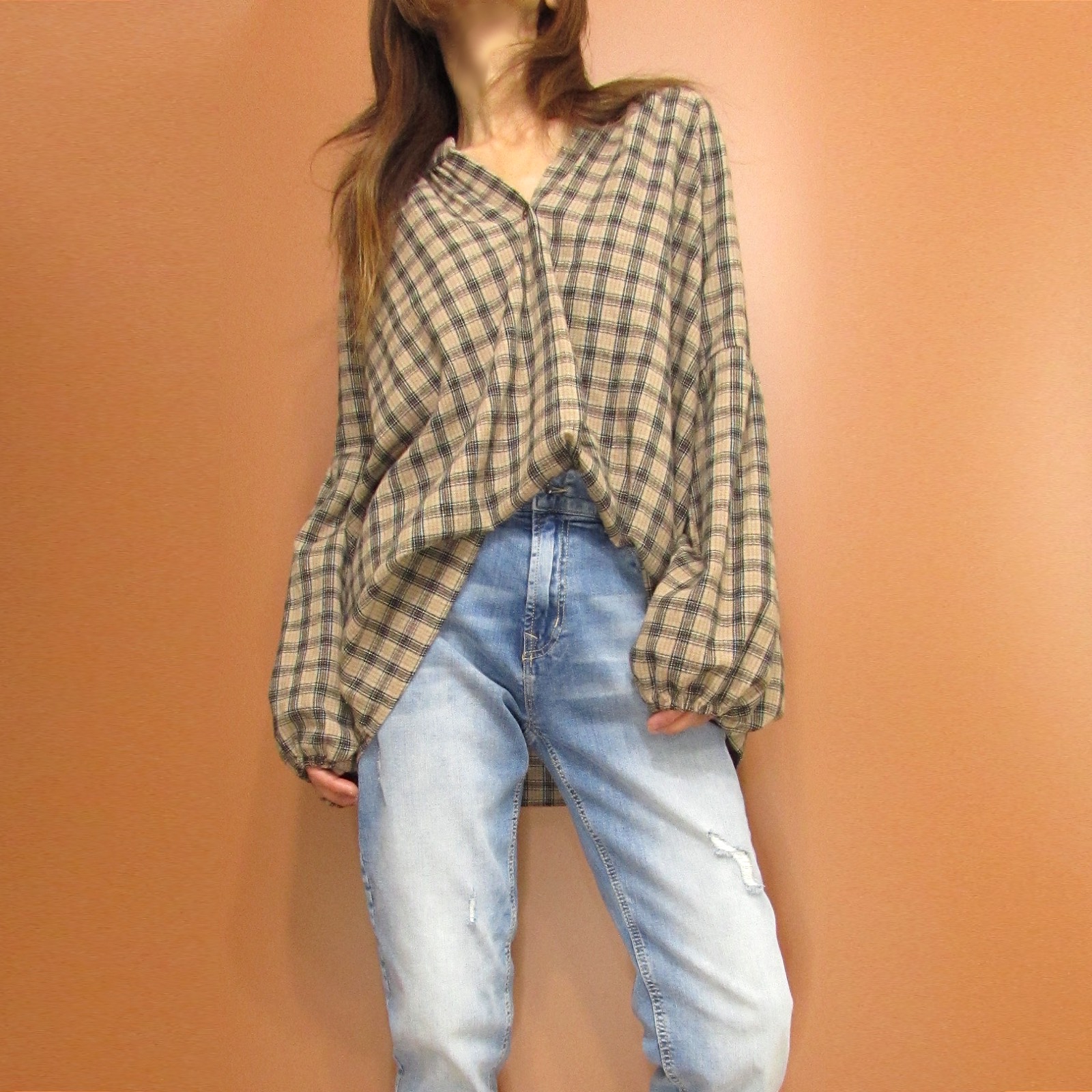 Tops815 Relaxed Notched Neck Plaid Blouse/Sand Mix