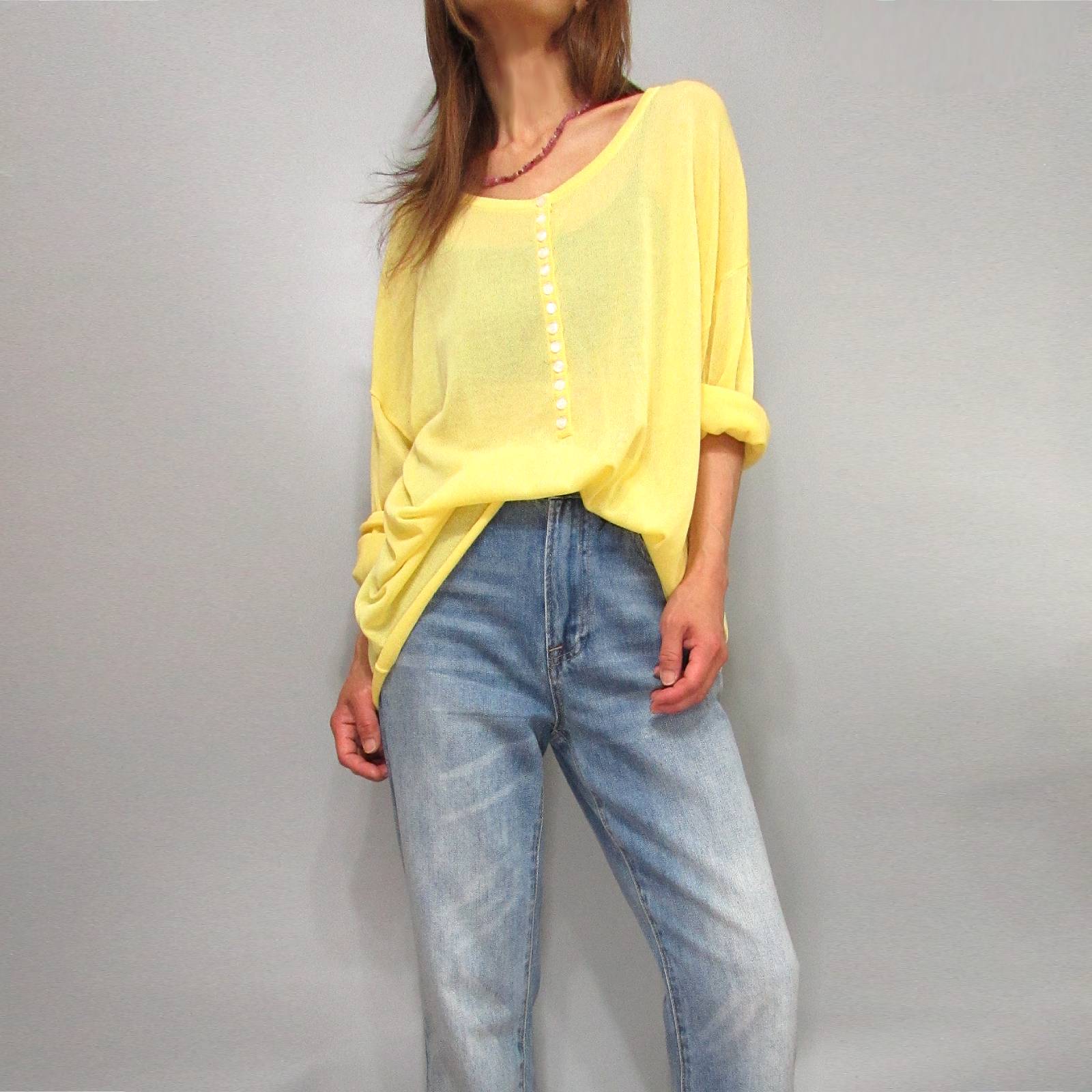 Tops844 Long Sleeve Knitted Henley Blouse/Pineapple