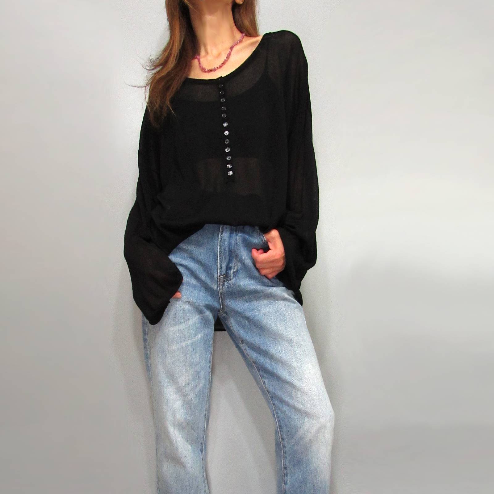 Tops845 Long Sleeve Knitted Henley Blouse/Black