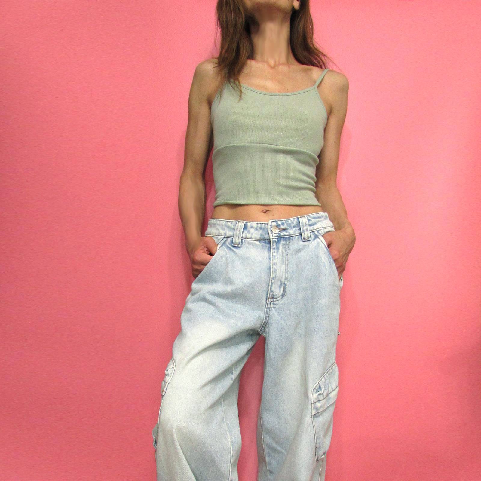Tops864 Crop Rib Knit Cami Top with Bra Cup/Khaki Green