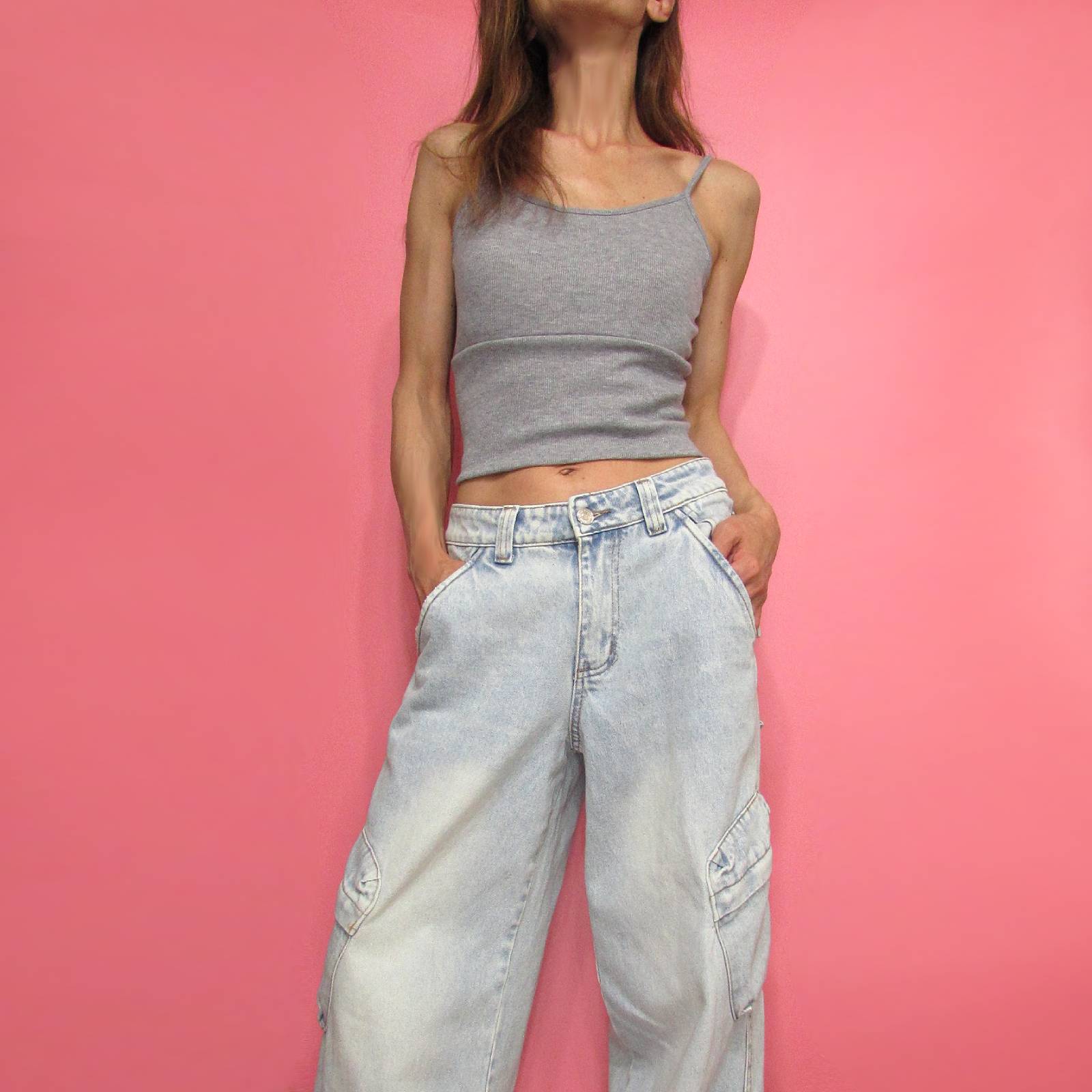 Tops865 Crop Rib Knit Cami Top with Bra Cup/Heather Grey