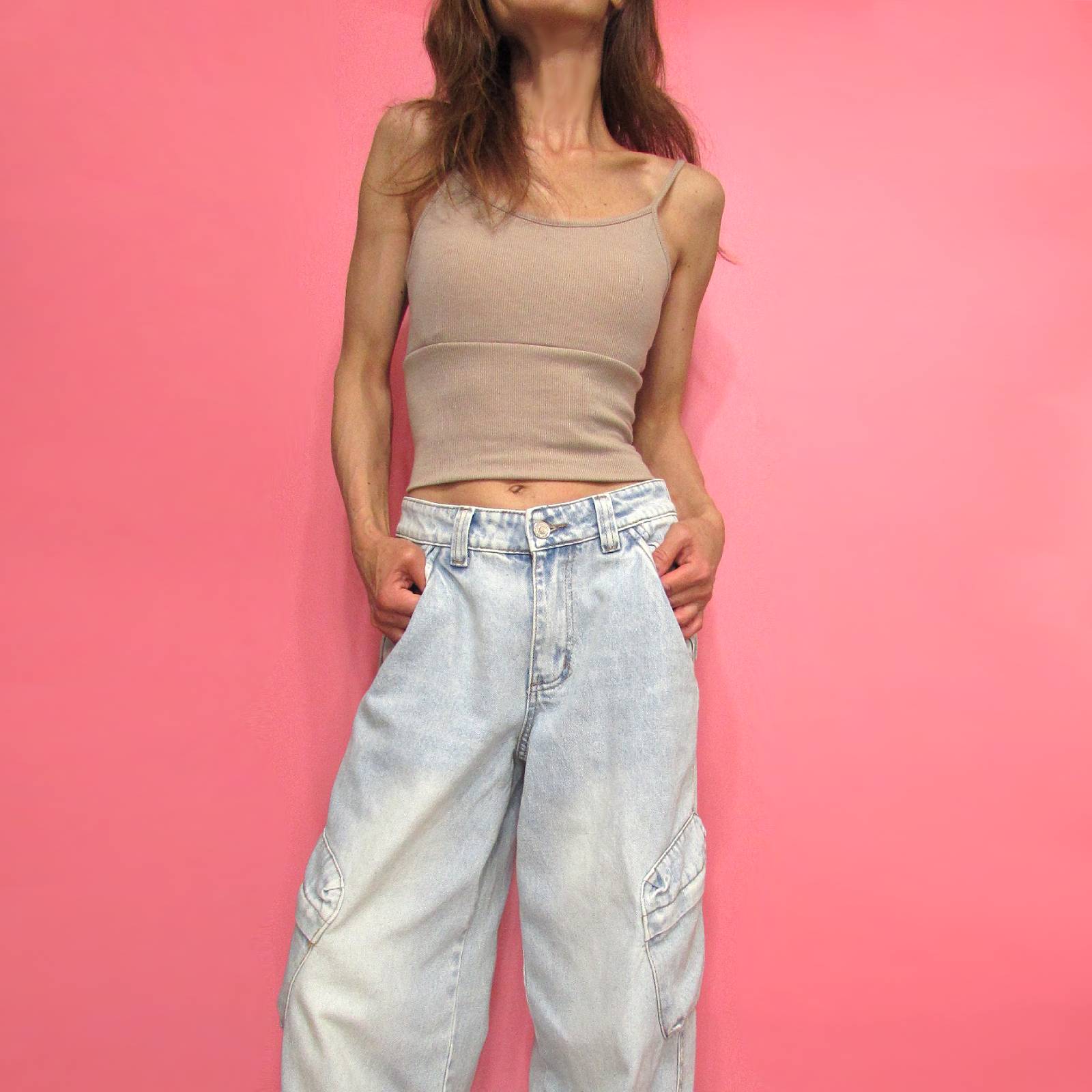 Tops866 Crop Rib Knit Cami Top with Bra Cup/Sand