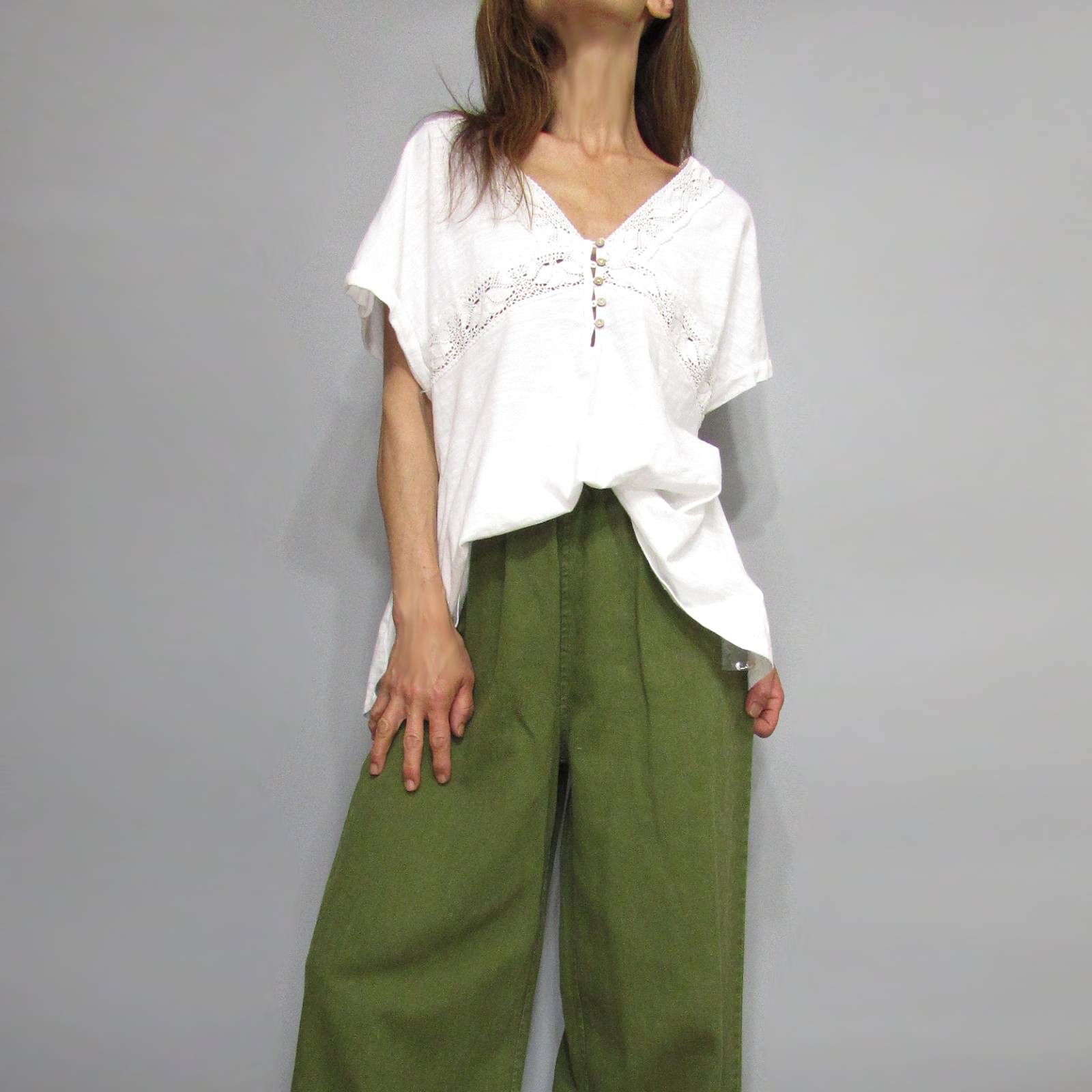 Tops869 Mineral Wash Eyelet Slub Knit Blouse/Off White