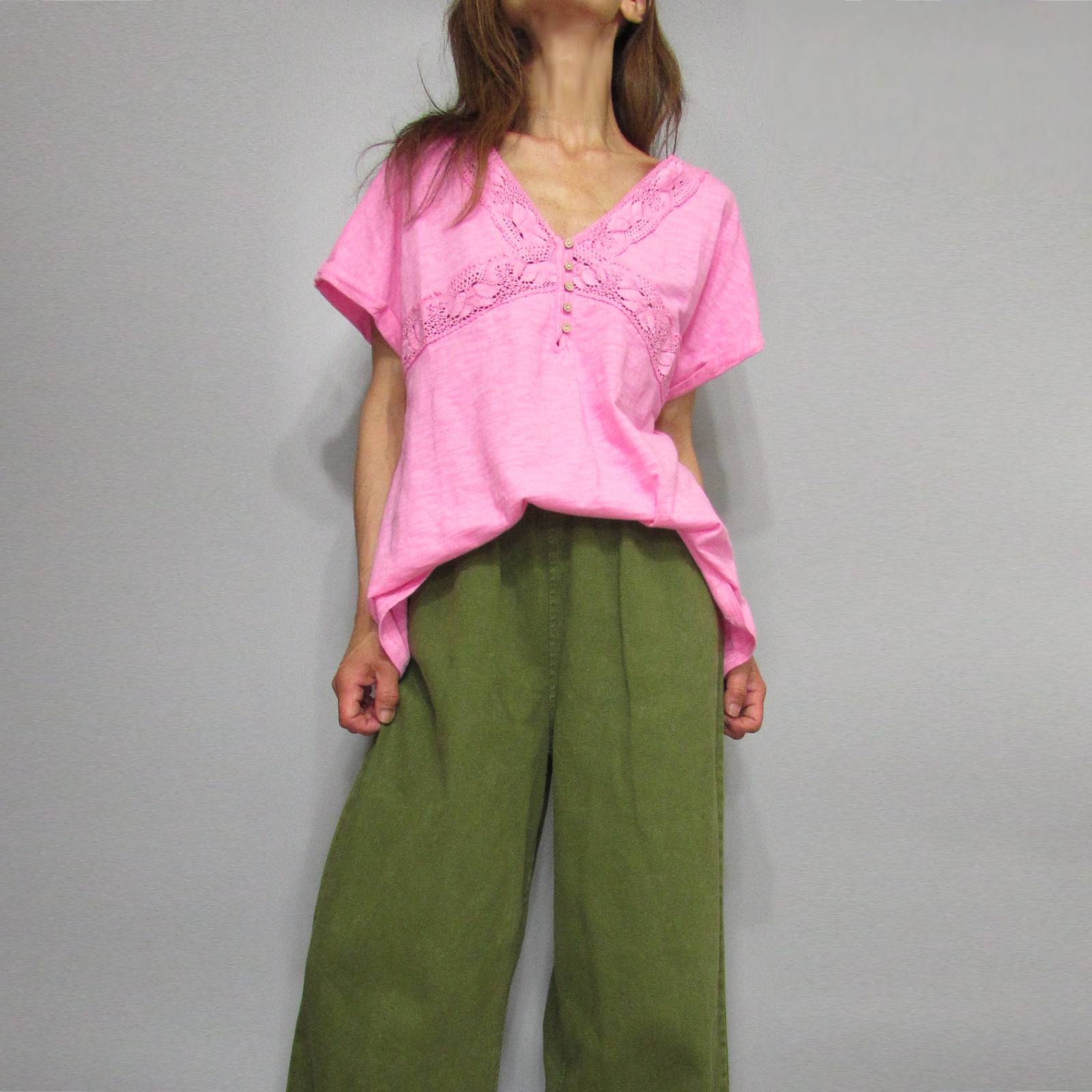 Tops870 Mineral Wash Eyelet Slub Knit Blouse/Bubble Gum Pink