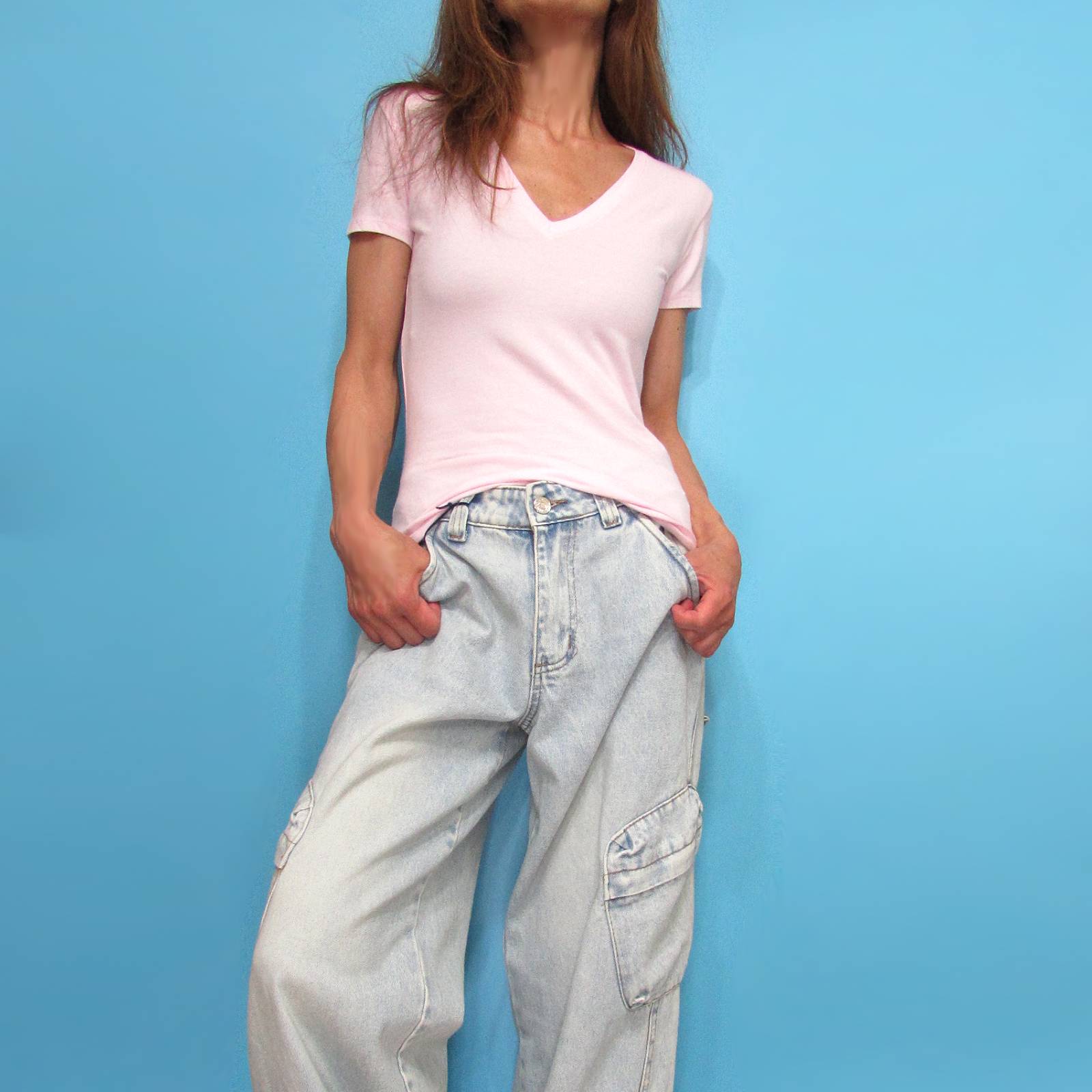 Tops872 Classic Fit Basic V-Neck Tee/Ballerina Pink
