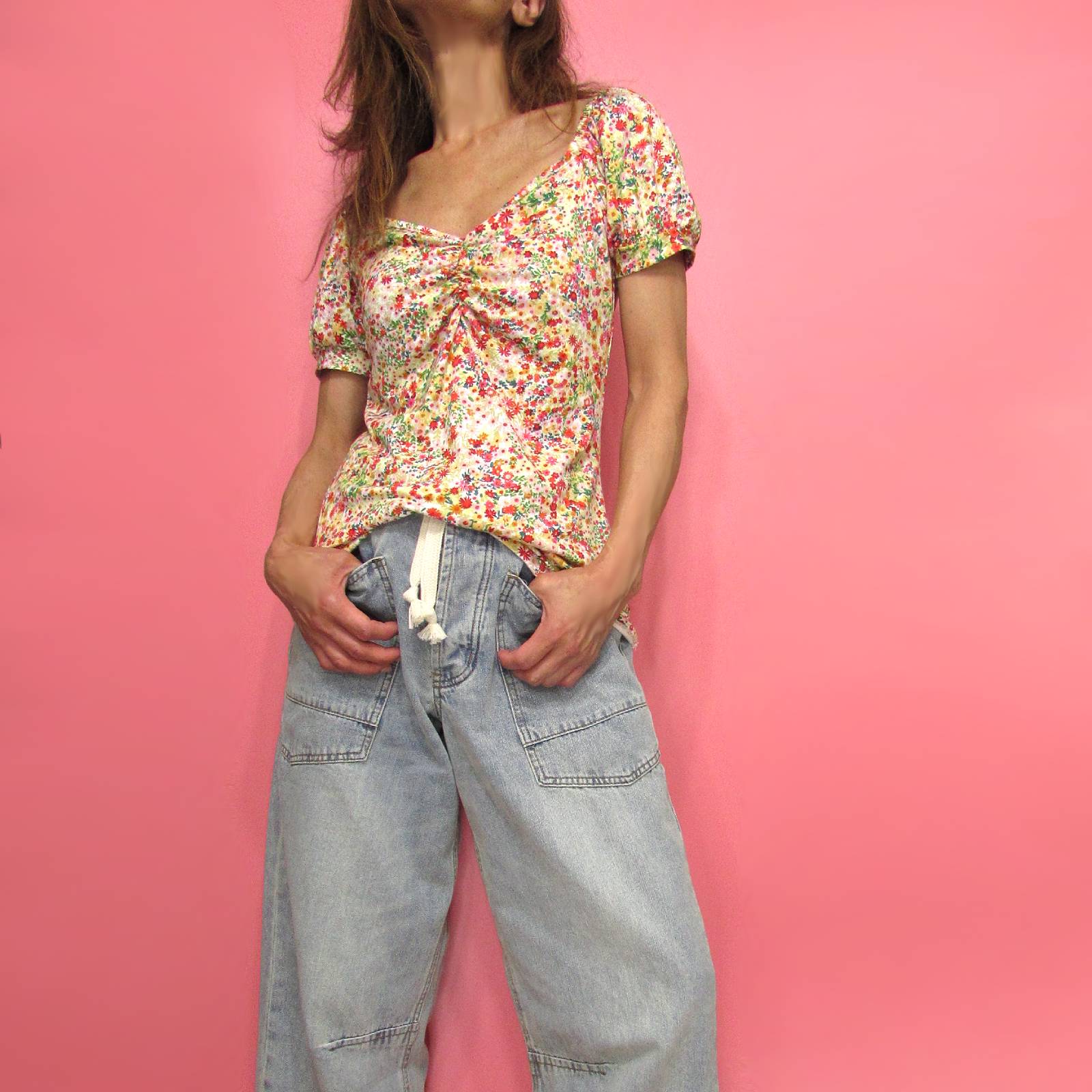 Tops874 Floral Printed Puffy Sleeve Ruched Top/Multi Floral