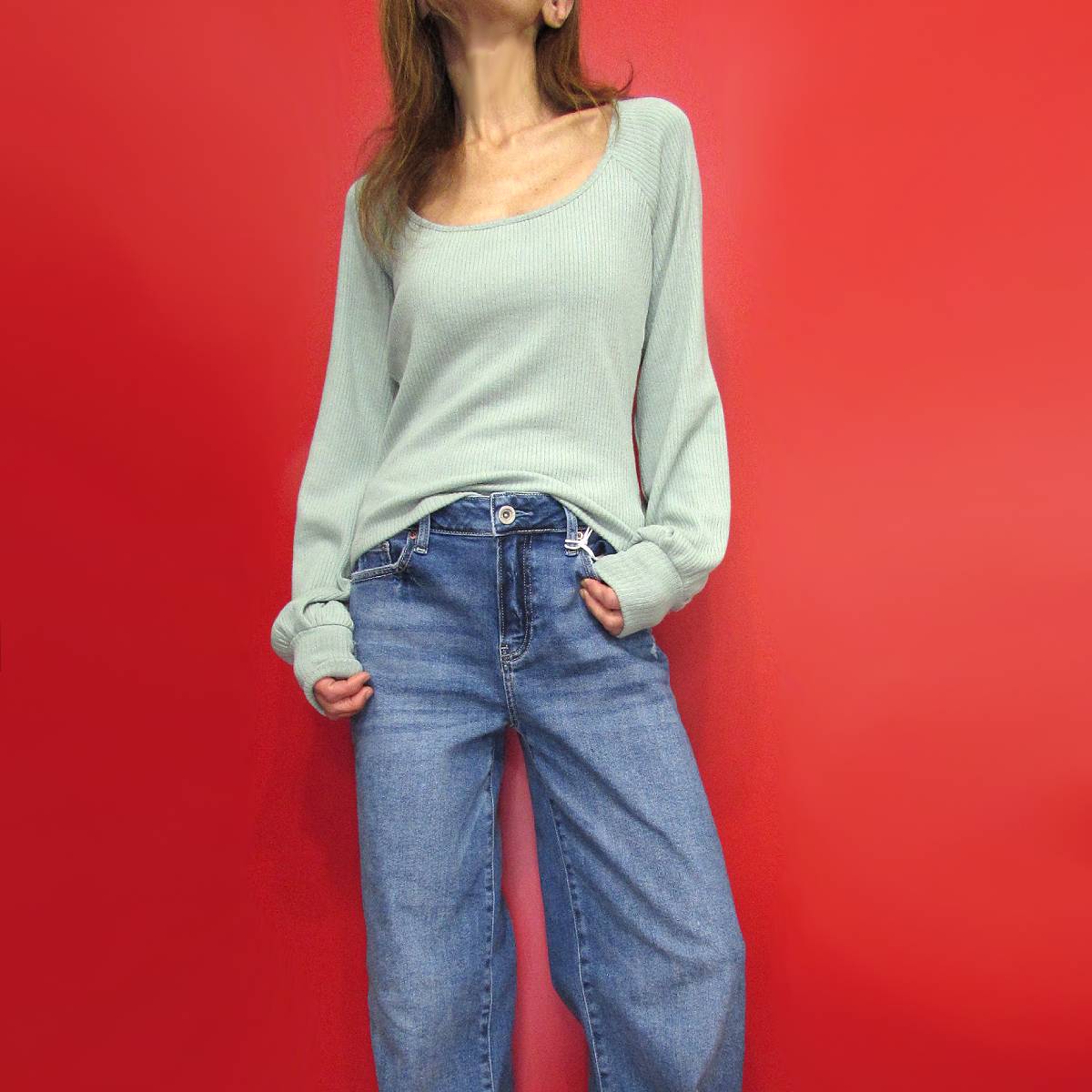 Tops890 Square Neck Balloon Sleeve Top/Sage